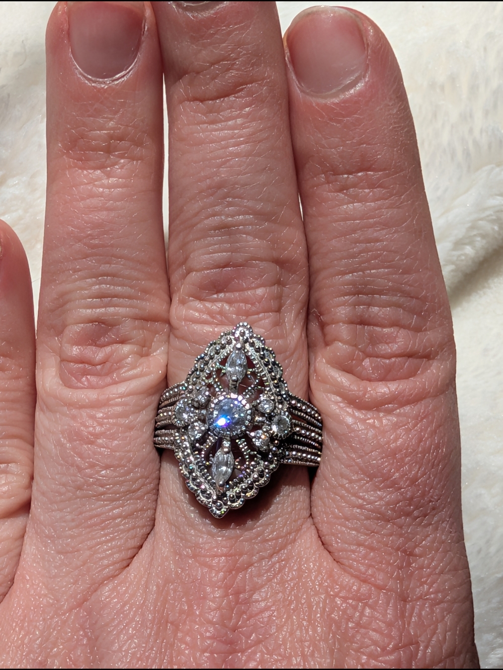 NF 925 Sterling Silver CZ Filigree Art Deco Statement Ring Size 8